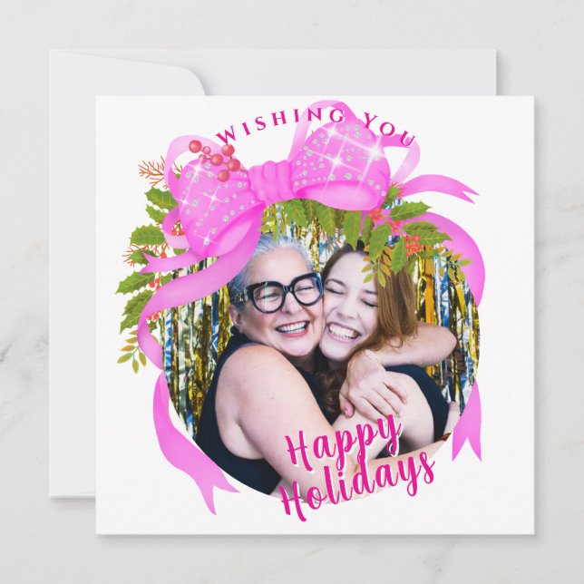 Festividades Cartão de Natal Plano de Fita Rosa Brilhante (Frente)