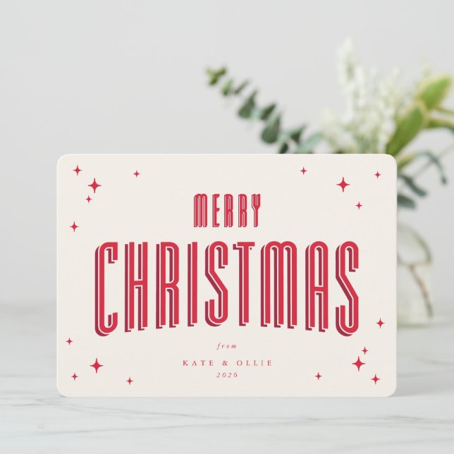 Festividades Cartão de Natal Plano Estrelas Retro Creme+Vermelh (Em pé/Frente)