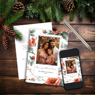 Festividades Cartão de Natal Plano Floral Vintage Rosa com Foto
