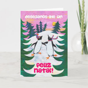 Festividades Cartão de Natal Português - Pinguins de Patinação