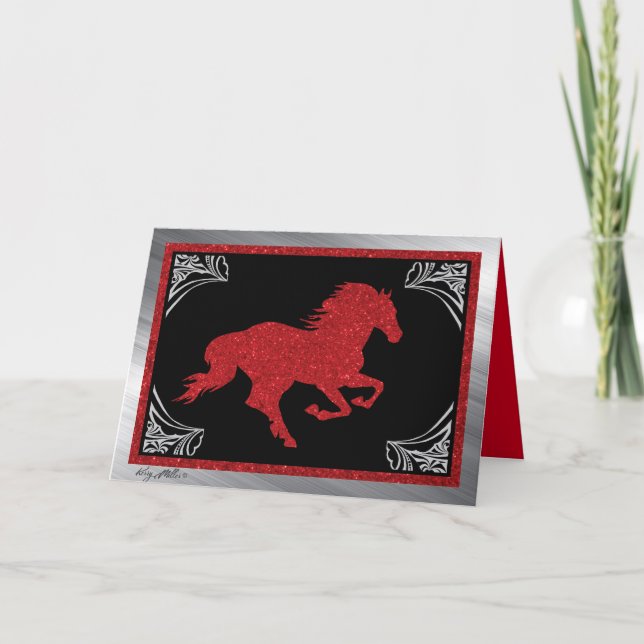 Festividades Cartão de Natal Red Glitter Horse (Frente)