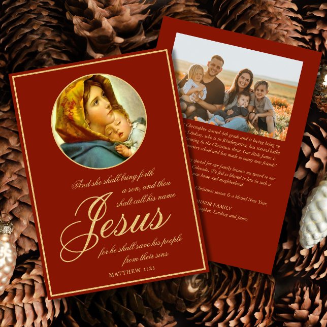 Festividades Cartão de Natal Religioso Verso de bíblia com Foto (Religious Christmas card with Madonna and Child and Bible verse for Catholics and Christians)