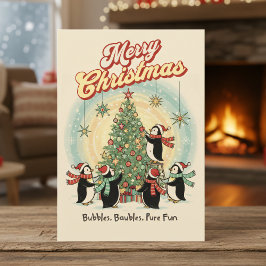 Festividades Cartão de Natal Retro de 1950 com Pinguins e Árvor