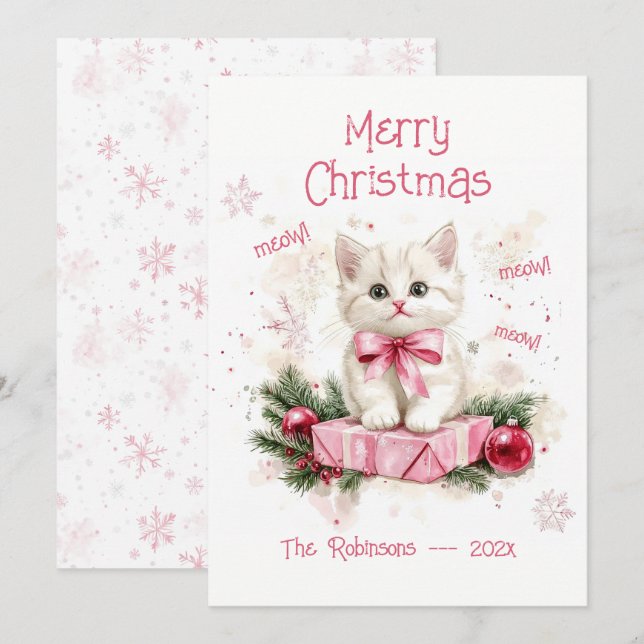 Festividades Cartão de Natal Rosa De Gatinho Bonito (Frente/Verso)