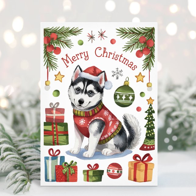 Festividades Cartão de Natal Siberiano Husky com Aquarela (Siberian Husky Christmas Card)
