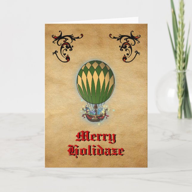 Festividades Cartão de Natal Steampunk Hot Air Balloon (Frente)