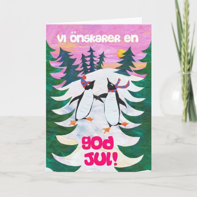Festividades Cartão de Natal Sueco - Pinguins de Patinação (Frente)