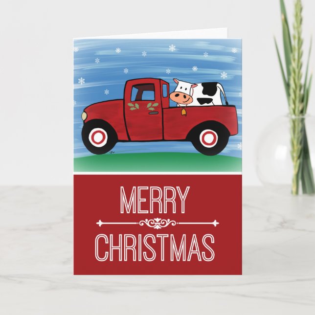 Festividades Cartão de Natal Vaca em um Caminhão Vermelho (Frente)