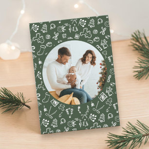 Festividades Cartão de Natal Verde Foto da Família desenhada à 