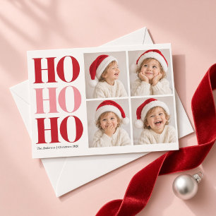 Festividades Cartão de Natal Vermelho Rosa Ho Ho Ho com Quatro 