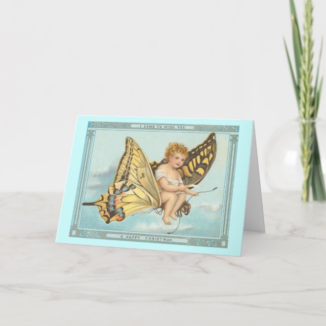 Festividades Cartão de Natal vintage "Borboleta e Cherub" (Frente)