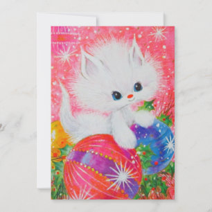 Festividades Cartão de Natal Vintage com Gatinho Branco