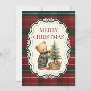 Festividades Cartão de Natal Vintage com Xadrez e Ursinho de Pe