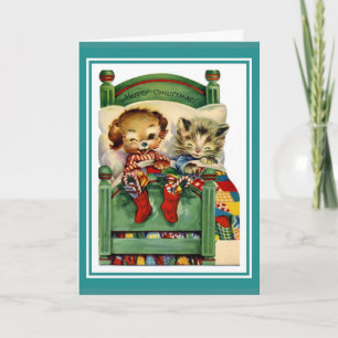 Festividades Cartão de Natal Vintage Feliz Natal Gatinho Cachor