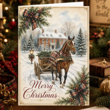 Cartão de Natal Vintage Tartan com Trenó Puxado po
