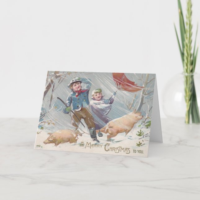 Festividades Cartão de Natal Vitoriano para Crianças e Suínos (Frente)