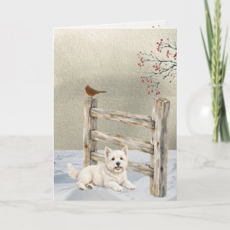 Festividades Cartão de Natal Westie de Inverno junto à Cerca