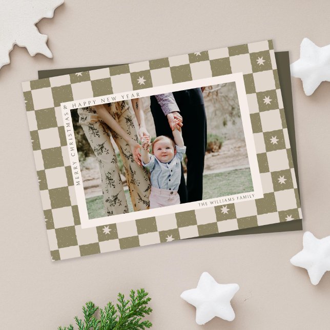 Festividades Cartão de Natal Xadrez Foto Férias (holiday checkered Christmas photo card on beige background)