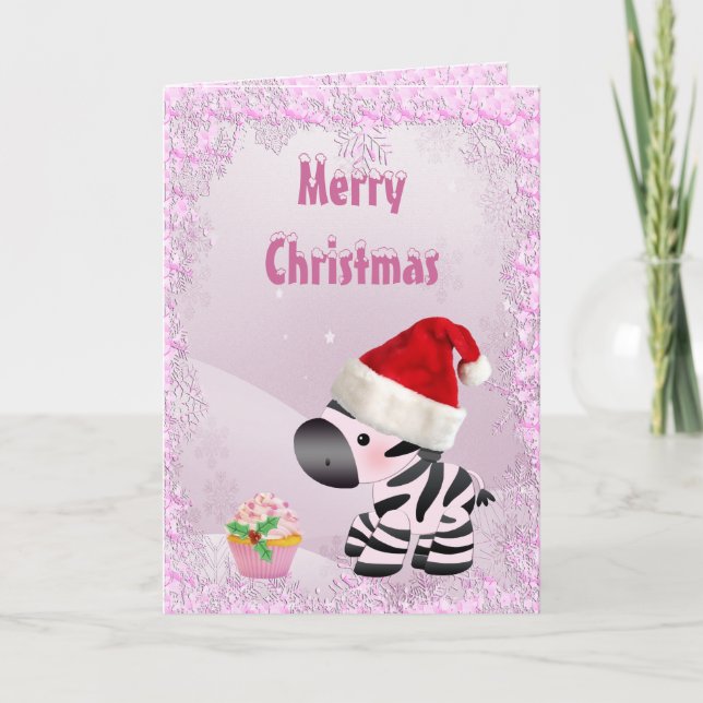 Festividades Cartão de Natal Zebra, Cupcake Rosa e Sequências d (Frente)