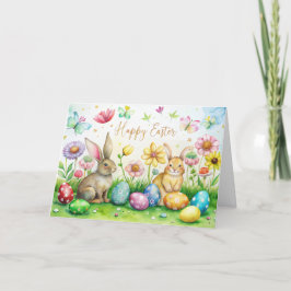 Festividades Cartão de páscoa com coelhos, flores e ovos fofos