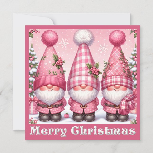 Festividades Cartão de Saudação dos Gnomos de Natal Rosa (Frente)