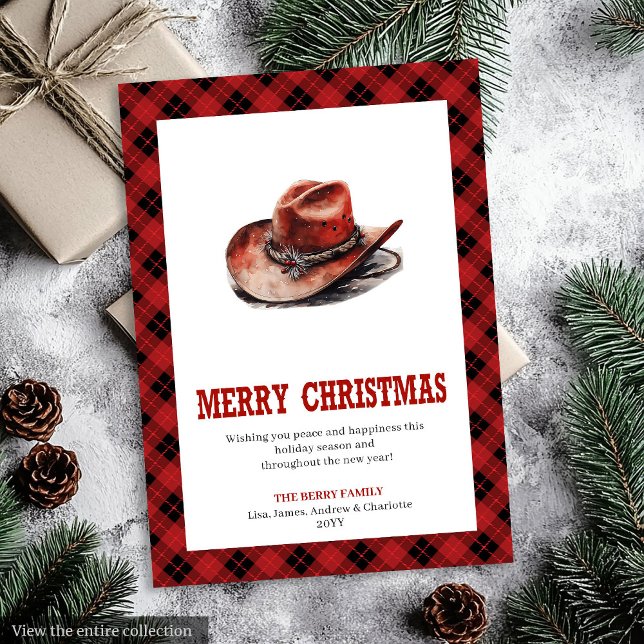 Festividades Cartão de saudação ocidental rústico com xadrez de (Western greeting card rustic buffalo tartan

)