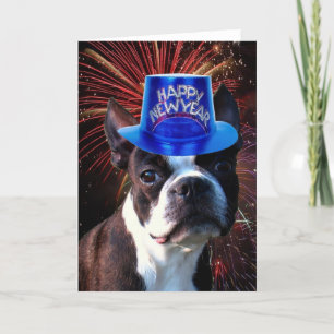 Festividades Cartão de saudação terrier de Boston feliz ano nov