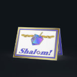 Festividades Cartão de Shalom Hanukkah<br><div class="desc">Cartão de Hanukkah com dreidel,  moedas de ouro e Shalom no roxo e nos tons do ouro.</div>