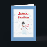 Festividades Cartão do boneco de neve com beira azul<br><div class="desc">Boneco de neve do feriado do formulário dos cumprimentos da estação</div>