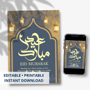 Festividades Cartão Eid Mubarak com Arco de Mesquita Azul Real