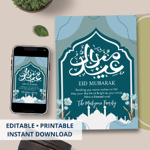Festividades Cartão Eid Mubarak com Silhueta de Mesquita em Azu
