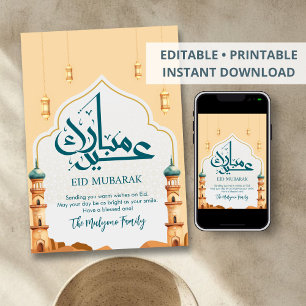 Festividades Cartão Eid Mubarak com Torres de Mesquita do Deser