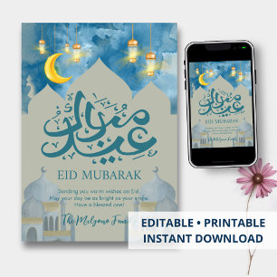 Festividades Cartão Eid Mubarak de Céu Azul Brilhante e Crescen