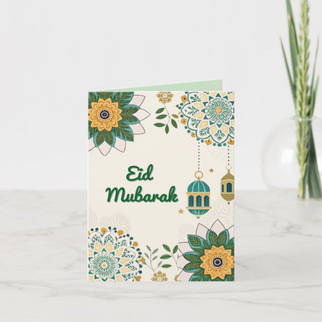 Festividades Cartão Elegante de Eid Mubarak com Lanternas e Flo (Frente)