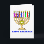 Festividades Cartão feliz de Hannukah Menorah<br><div class="desc">Um menorah brilhante de Hannukah com as palavras Hannukah feliz dá boas-vindas ao feriado.   Comer feliz do latke!</div>