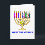 Festividades Cartão feliz de Hannukah Menorah<br><div class="desc">Um menorah brilhante de Hannukah com as palavras Hannukah feliz dá boas-vindas ao feriado.   Comer feliz do latke!</div>