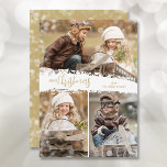 Festividades Cartão Feliz Natal de Férias 3<br><div class="desc">Os cartões de natal de Natal com fotos múltiplas apresentam Feliz Natal em letras quentes em um salto de neve no meio. Carregue três fotos e adicione a saudação e os nomes da sua família no verso. Selecione Alta definição para melhor qualidade de foto.</div>