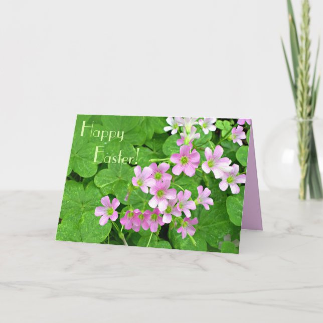Festividades Cartão Feliz Páscoa com Flores de Trevo Rosa (Frente)