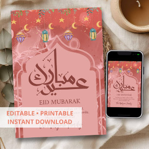 Festividades Cartão Floral Eid Mubarak com Arco de Aquarela Ros