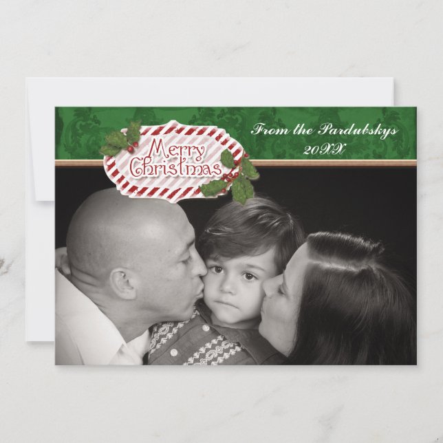 Festividades Cartão Holly de Cane de Damask de Natal (Frente)