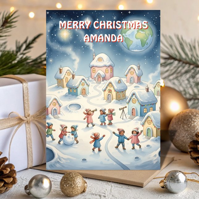 Festividades Cartão Infantil Vila de Natal na Lua (Criador carregado)