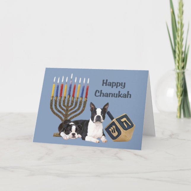 Festividades Cartão Menorah Dreidel1 de Boston Terrier Chanukah (Frente)