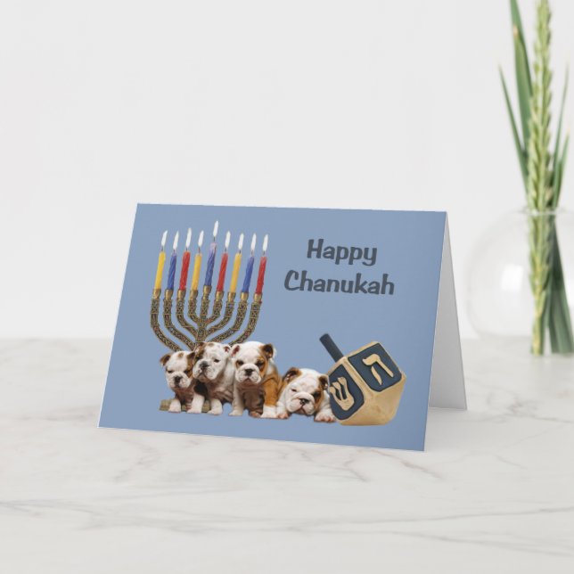 Festividades Cartão Menorah Dreidel2 de Chanukah do buldogue (Frente)