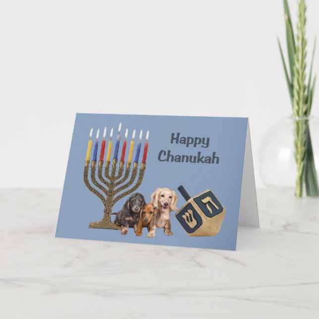 Festividades Cartão Menorah Dreidel2 de Chanukah do Dachshund (Frente)