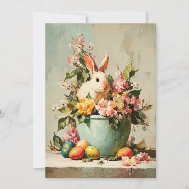 Festividades Cartão Personalizado de Páscoa com Flores e Coelho (Frente)