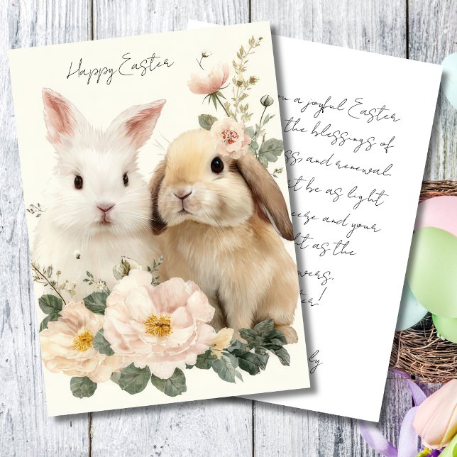 Festividades Cartão Personalizado de Páscoa com Flores e Coelho (Criador carregado)