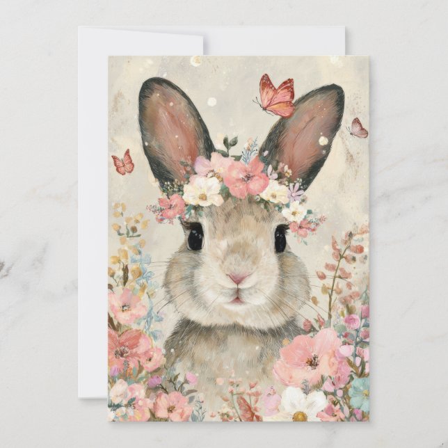 Festividades Cartão Personalizado de Páscoa com Flores e Coelho (Frente)