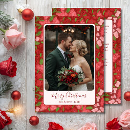 Festividades Cartão Plano de Foto Personalizado com Floral Verm