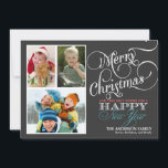 Festividades Cartão plano de Natal de quadro chalkboard de 3 fo<br><div class="desc">Saudações de Natal animadas e festivas com quadro fotográfico em fundo preto de quadro negro e elegante tipografia retrô com letra caligráfica de roletas. Adicione suas fotos favoritas da família de feriados e personalize o texto. Maneira contemporânea de enviar cartões de natal de inverno felizes para todos os seus amigos...</div>