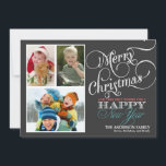 Festividades Cartão plano de Natal de quadro chalkboard de 3 fo<br><div class="desc">Saudações de Natal animadas e festivas com quadro fotográfico em fundo preto de quadro negro e elegante tipografia retrô com letra caligráfica de roletas. Adicione suas fotos favoritas da família de feriados e personalize o texto. Maneira contemporânea de enviar cartões de natal de inverno felizes para todos os seus amigos...</div>